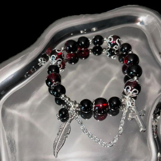 72ore Cross Bracelet for Women Beaded Black Red Silver Feather Charm Bracelets Party Prom Vacation Accessories Trendy Gift
