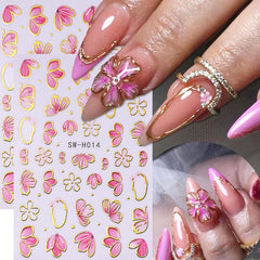Pink Flower Nail Art Stickers Spring Blossom Flowers Nail Stickers 4PCS Golden Edge Flower Petals 3D Self-Adhesive Nail Decals Manicure Supplies for Women Spring Valentines DIY Nail Art Decorations