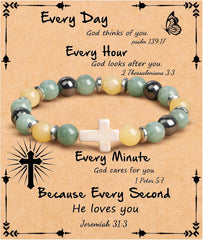 JoycuFF  , Cross Bracelets for Women, Faith Religious Easter Catholic Christian Jewelry, Meaningful Baptism Communion Confirmation Natural Stone Bracelets for Women