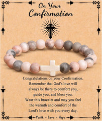 JoycuFF  , Cross Bracelets for Women, Faith Religious Easter Catholic Christian Jewelry, Meaningful Baptism Communion Confirmation Natural Stone Bracelets for Women