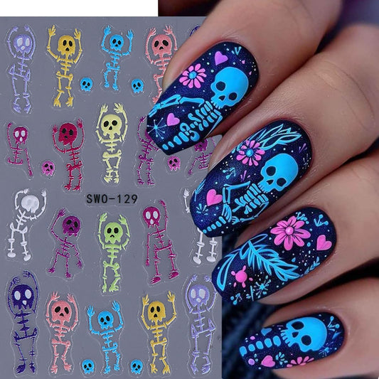 Halloween Nail Art Stickers Decals 5D Embossed Skeleton Nail Stickers 3PCS Rainbow Color Skull Skeleton Halloween Nails Design Adhesive Sticker Manicure Sliders for Women Holiday Nail Art Decorations