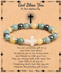 JoycuFF  , Cross Bracelets for Women, Faith Religious Easter Catholic Christian Jewelry, Meaningful Baptism Communion Confirmation Natural Stone Bracelets for Women