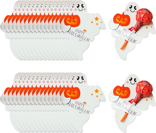 50 Pcs Halloween Candy Decoration Paper Tags Ghost Pumpkin Lollipop Biscuit Holder Cards Trick or Treat Craft Label Party Home DIY Supplies