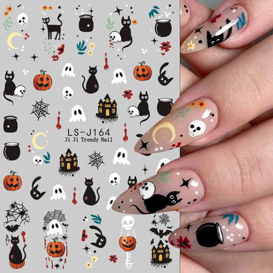 6 Sheets Halloween Nail Art Stickers Decals Cute Orange Flowers Ghost Black Cats Nail Stickers Horror Blood Eyeball Nail Design Adhesive Sliders Halloween Nail Art Supplies for Women DIY Manicure