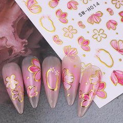 Pink Flower Nail Art Stickers Spring Blossom Flowers Nail Stickers 4PCS Golden Edge Flower Petals 3D Self-Adhesive Nail Decals Manicure Supplies for Women Spring Valentines DIY Nail Art Decorations