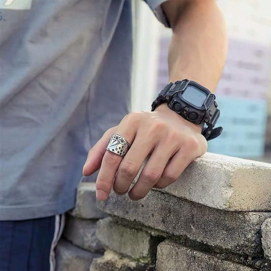 Poker Games Casino Ring Stainless Steel Diamond Spade Flush Playing Cards Statement Band Ring Vintage Gambling Punk Jewelry Adjustable for Women Men (Spade)