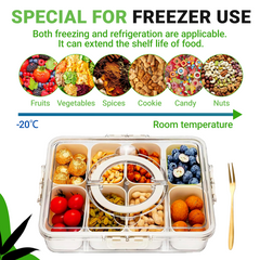 Portable Snackle Box Container, 8 Compartments Divided Serving Tray with Lid and Handle for Veggie Tray Charcuterie Boxes Fruit Storage Candy Organizer, Dishwasher Safe