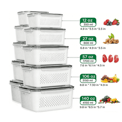 10 Pcs Fruit Storage Containers for Fridge with Removable Colanders, Leakproof Produce Containers with Lids for Salad Berry Lettuce Vegetables Meat Fresh longer