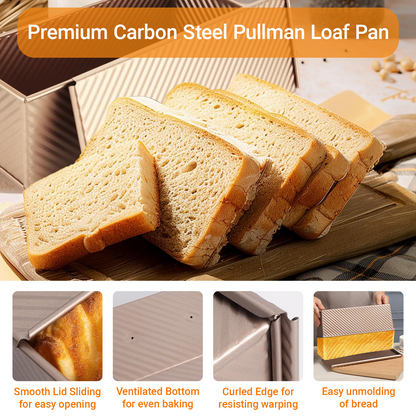 2.2 Lb Pullman Loaf Pan with Lid, 13x4 Nonstick Carbon Steel Bread Pan for Sandwich & Sourdough, Rectangular Corrugated Toast Box Mold for Oven Baking, Heavy Duty Easy Clean Bakeware