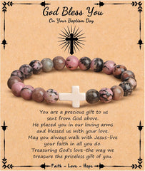 JoycuFF  , Cross Bracelets for Women, Faith Religious Easter Catholic Christian Jewelry, Meaningful Baptism Communion Confirmation Natural Stone Bracelets for Women