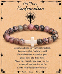 JoycuFF  , Cross Bracelets for Women, Faith Religious Easter Catholic Christian Jewelry, Meaningful Baptism Communion Confirmation Natural Stone Bracelets for Women