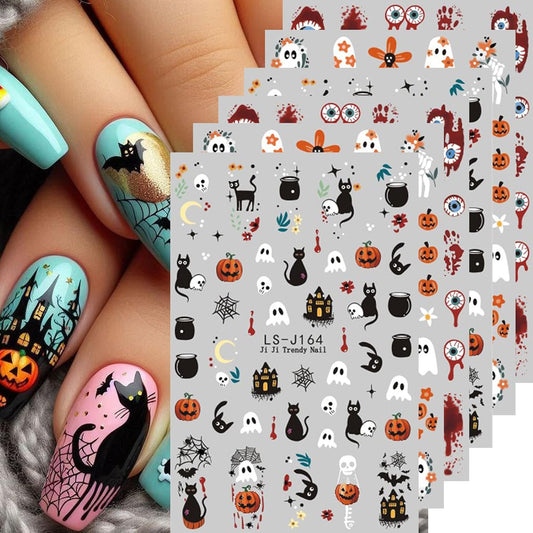 6 Sheets Halloween Nail Art Stickers Decals Cute Orange Flowers Ghost Black Cats Nail Stickers Horror Blood Eyeball Nail Design Adhesive Sliders Halloween Nail Art Supplies for Women DIY Manicure