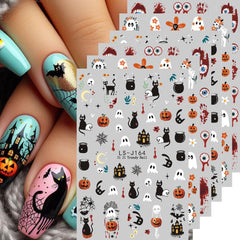 6 Sheets Halloween Nail Art Stickers Decals Cute Orange Flowers Ghost Black Cats Nail Stickers Horror Blood Eyeball Nail Design Adhesive Sliders Halloween Nail Art Supplies for Women DIY Manicure