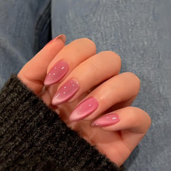 KQueenest Cat Eye Light Pink Press on Nails Medium Almond, 30 Pcs Glitter Nude Pink Fake Nails Press ons, Sparkly Acrylic Nails with UV Coating, Reusable Glue on Nails for Women Summer