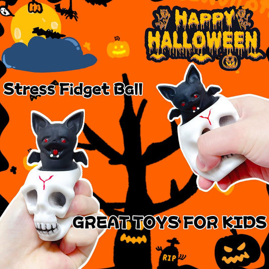 Spooky Halloween Stress Balls (1-Pack) Skull Squishy Squeeze Ball Toys, Halloween Toys, Stretchy Skull Stress Relief Balls, Squishy Demon Bats Pop It Ball Fidget Toy for Kids and Adults.