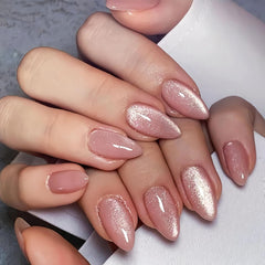 KQueenest Cat Eye Light Pink Press on Nails Medium Almond, 30 Pcs Glitter Nude Pink Fake Nails Press ons, Sparkly Acrylic Nails with UV Coating, Reusable Glue on Nails for Women Summer