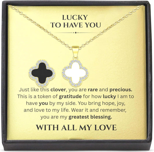 SHINYY 2 Side Crystal Clover Necklace for Women | 18K Gold Plated Four Leaf Lucky Pendant | 4 Leaf Cubic Zirconia Jewelry for Her