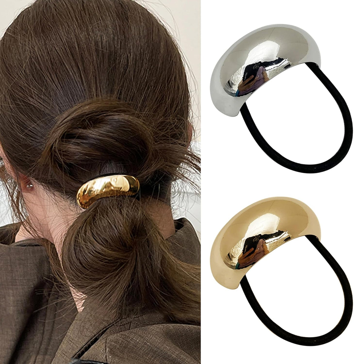 Metal Gold Hair Tie for Women Fashion Gold Silver Ponytail Holder for Thick Glossy Gold Hair Ties for Curly Long Geometric Ellipse Elastic Ponytail Cuffs Elegant Hair Accessories for Styling 2Pcs