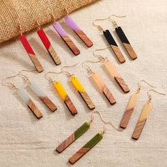 Lightweight Bohemian Wooden Acryluc Resin Geometric Bar Rould Drop Dangle Natural Wood Earrings Ethnic African Western Statement Handmade Jewelry for Women