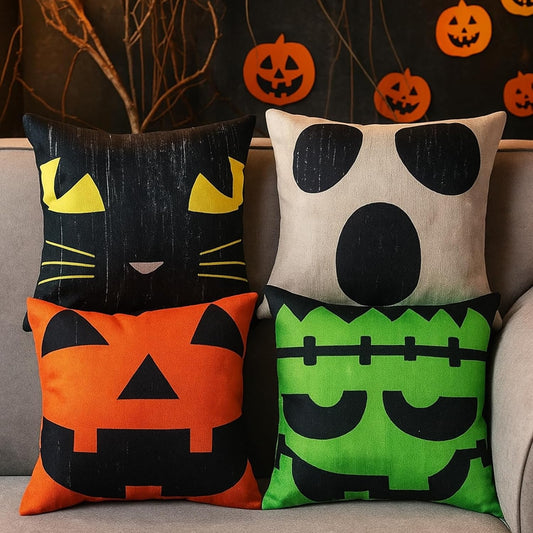 Tegeme 4 Pcs Halloween Pillow Covers 18x18 Inch Ghost Black Cat Monster Pumpkin Funny Pillow Covers Farmhouse Rustic Burlap Pillowcase Halloween Linen Cushion Case for Sofa Couch Home Indoor