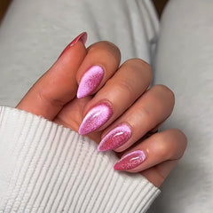 KQueenest Cat Eye Light Pink Press on Nails Medium Almond, 30 Pcs Glitter Nude Pink Fake Nails Press ons, Sparkly Acrylic Nails with UV Coating, Reusable Glue on Nails for Women Summer