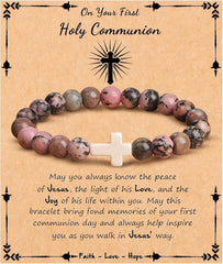 JoycuFF  , Cross Bracelets for Women, Faith Religious Easter Catholic Christian Jewelry, Meaningful Baptism Communion Confirmation Natural Stone Bracelets for Women