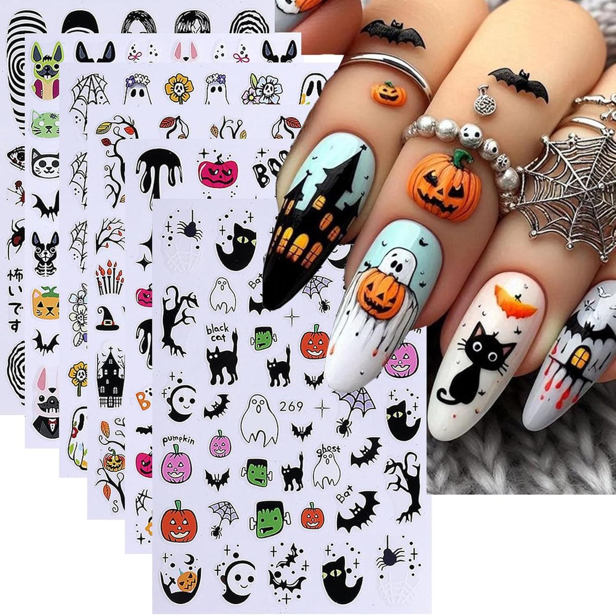 6 Sheets Halloween Nail Art Stickers Decals Cute Orange Flowers Ghost Black Cats Nail Stickers Horror Blood Eyeball Nail Design Adhesive Sliders Halloween Nail Art Supplies for Women DIY Manicure