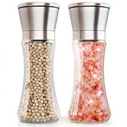 Stainless Steel Salt & Pepper Mill Set 2 Pack, Glass Body Refillable Grinder, Adjustable Coarseness for Sea Salt & Pepper