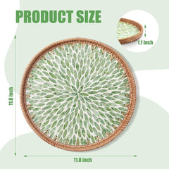 Round Rattan Tray with Mother of Pearl Inlay, Decorative Wicker Serving Tray with Wooden Base, Rattan Serving Tray for Coffee, Bread, Fruits - Kitchen Counter & Table Decor (Green Leaf)