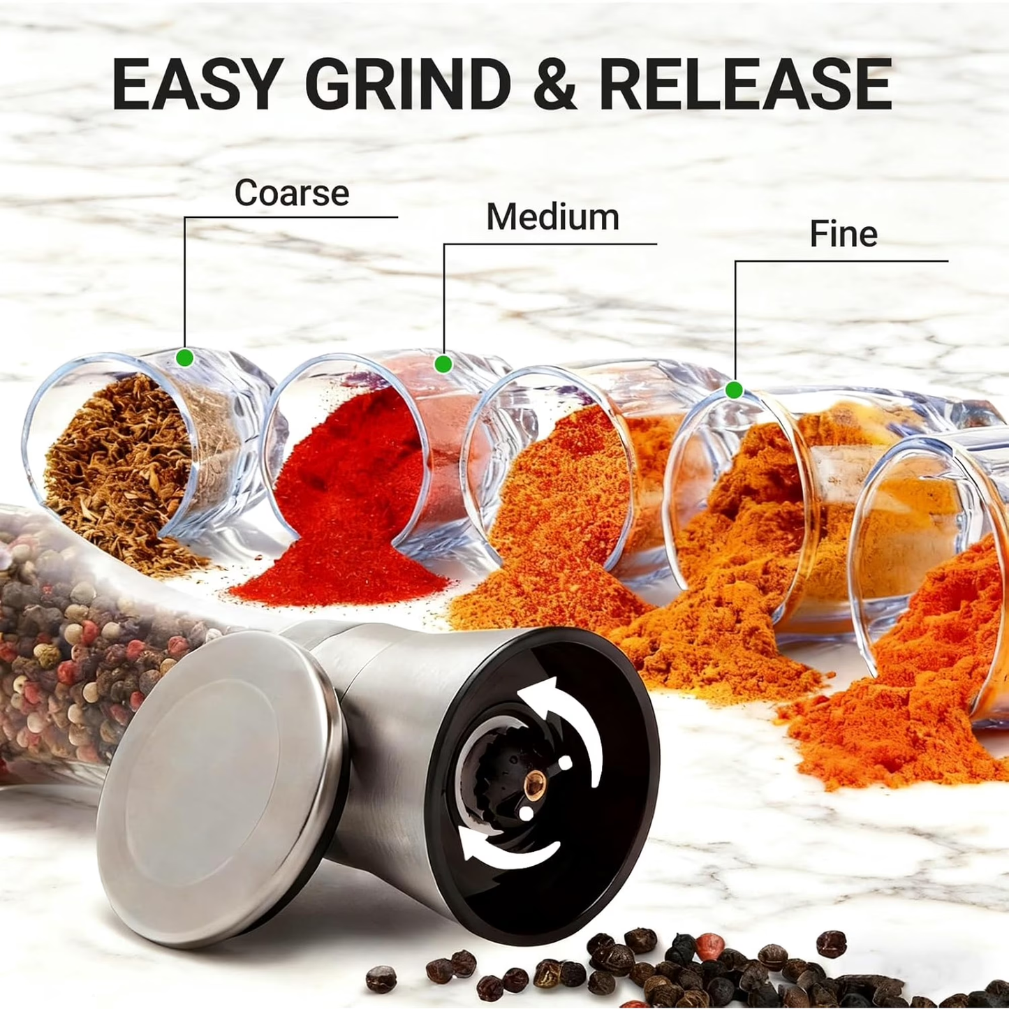 Stainless Steel Salt & Pepper Mill Set 2 Pack, Glass Body Refillable Grinder, Adjustable Coarseness for Sea Salt & Pepper