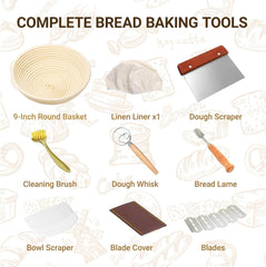 7-Piece 9 Inch Round Proofing Basket, Complete Sourdough Starter Kit with Linen Liner & Tools, Sourdough Bread Baking Supplies & Making Accessories Gift Set - Send Goods from Local Warehouse