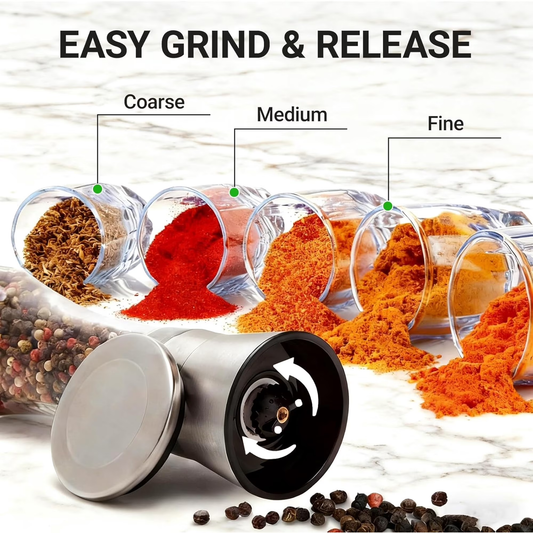 Stainless Steel Salt & Pepper Mill Set 2 Pack, Glass Body Refillable Grinder, Adjustable Coarseness for Sea Salt & Pepper