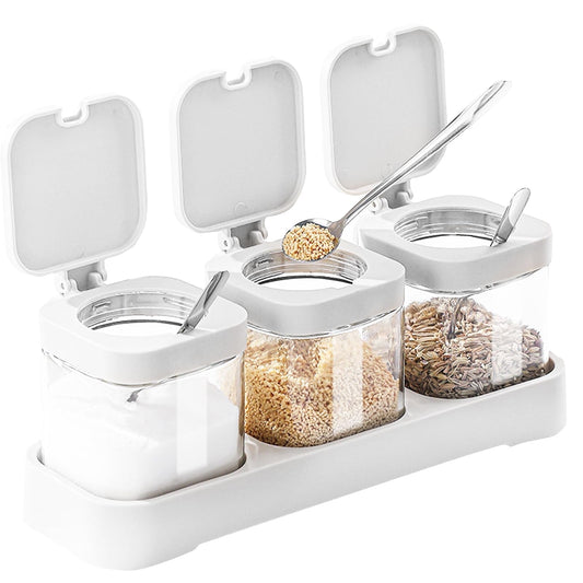 CLIPORE Glass Condiment Canisters for Salt, Sugar and Spices, Set of 3 Square Seasoning Jars with Lids and Spoons, Kitchen Storage Set, Send Goods from Local Warehouse