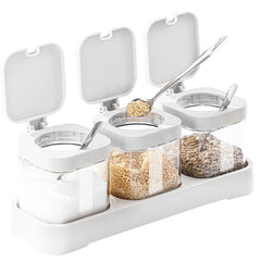 CLIPORE Glass Condiment Canisters for Salt, Sugar and Spices, Set of 3 Square Seasoning Jars with Lids and Spoons, Kitchen Storage Set, Send Goods from Local Warehouse