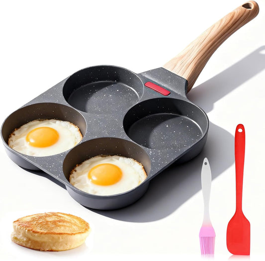Egg Pan Nonstick, 4 Holes Egg Frying Pan with Silicone Small Scraper & Oil Brush, Versatile Breakfast Skillet, Suitable For Gas Stove And Induction Cookware, Pancake, Breakfast, Omelette Pan