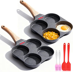 Egg Pan Nonstick, 4 Holes Egg Frying Pan with Silicone Small Scraper & Oil Brush, Versatile Breakfast Skillet, Suitable For Gas Stove And Induction Cookware, Pancake, Breakfast, Omelette Pan