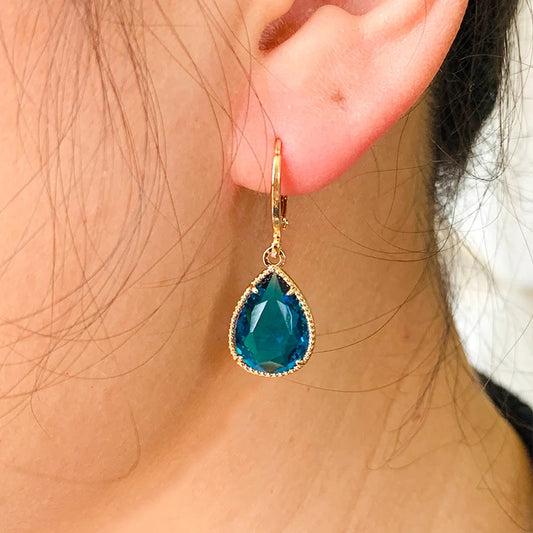 Fashion Gold Plated Colorful Rhinestone Birthstone Teardrop Shaped Dangle Earring  Hoop  Earrings for Women