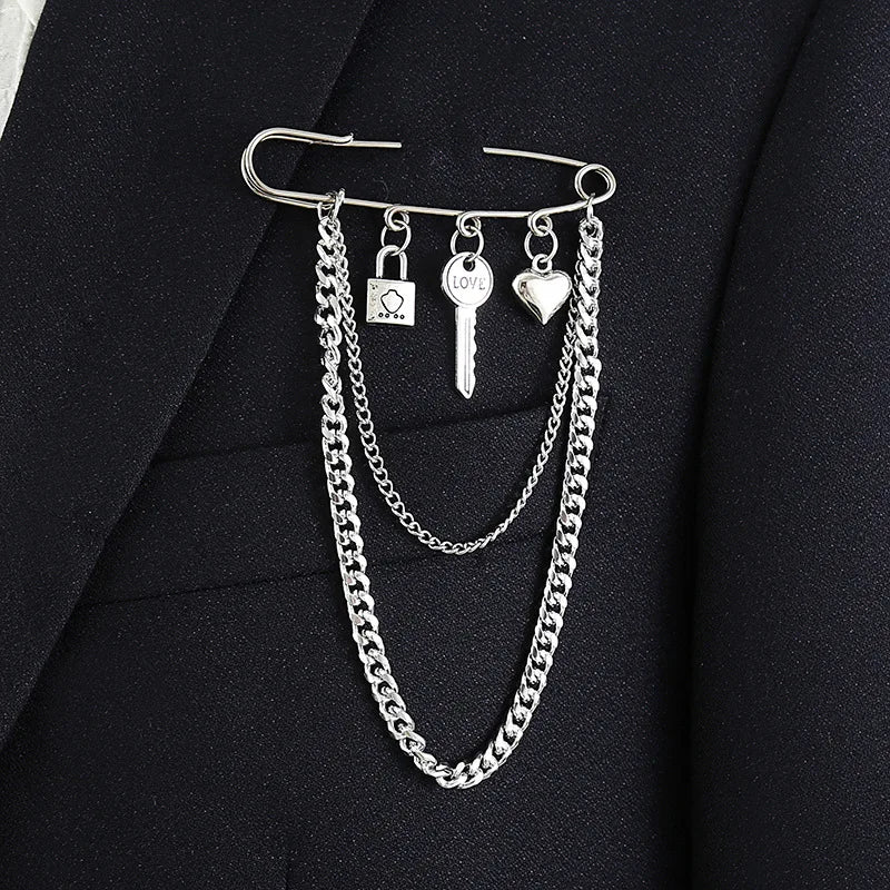 Hip Hop Big Pin Men's Trend Fashion Chain Chest Brooch Silver Plated Wedding Engagement Plating Internet Celebrity Exaggerated
