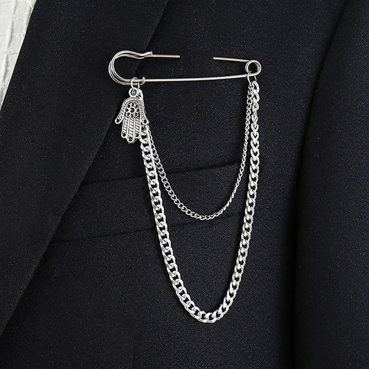 Hip Hop Big Pin Men's Trend Fashion Chain Chest Brooch Silver Plated Wedding Engagement Plating Internet Celebrity Exaggerated