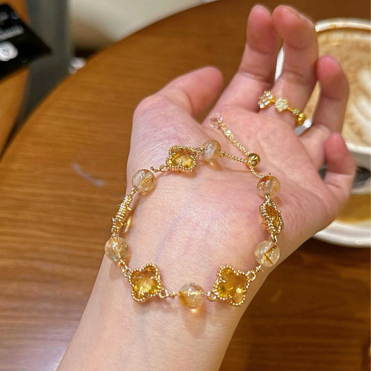New four-leaf clover imitation blonde gold crystal four-leaf clover bracelet adjustable jewelry jewelry women's high sense INS