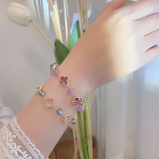 New natural gray moonstone amethyst four-leaf clover bracelet ins light luxury niche design girlfriend jewelry gift