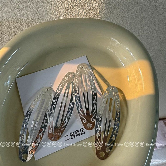 Roman court stylish design hollow flower ins silver retro oval bangs clip hairpin edge clip