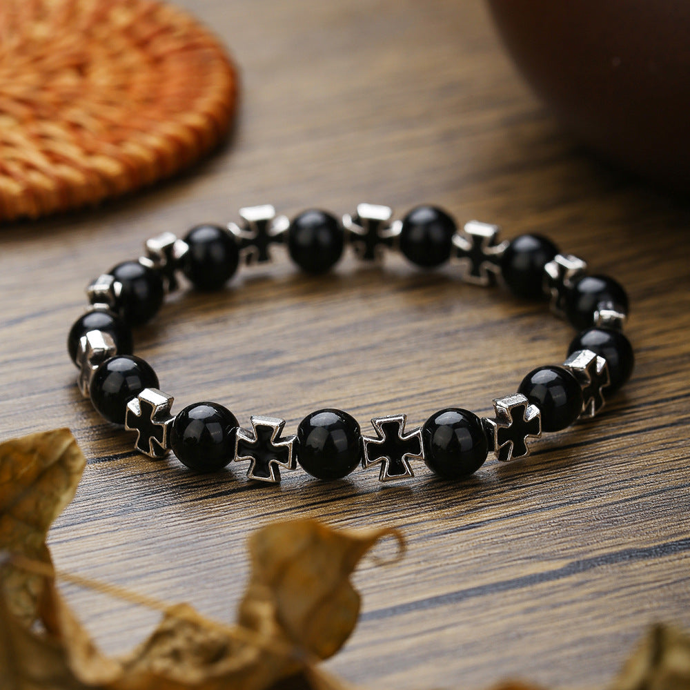 Live hot-selling small fresh niche black agate opal bracelet ins versatile Korean version cross elastic bracelet