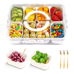 Portable Snackle Box Container, 8 Compartments Divided Serving Tray with Lid and Handle for Veggie Tray Charcuterie Boxes Fruit Storage Candy Organizer, Dishwasher Safe