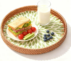 Round Rattan Tray with Mother of Pearl Inlay, Decorative Wicker Serving Tray with Wooden Base, Rattan Serving Tray for Coffee, Bread, Fruits - Kitchen Counter & Table Decor (Green Leaf)