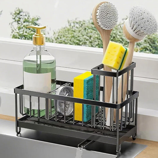 Sponge Holder for Kitchen Sink – Stainless Steel Sink Caddy Organizer with Brush Holder, Rustproof 304 Stainless Steel Countertop Storage for Soap Dispenser, Soap, Sponge, Dish Brush