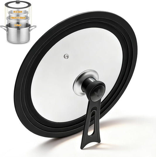 Vertical Standing Universal Lid Interchangeable Handle - 10 to 12 Inch for Pots and Pans Fits, Tempered Glass Heat Resistant Silicone Edge, Dishwasher Safe without BPA