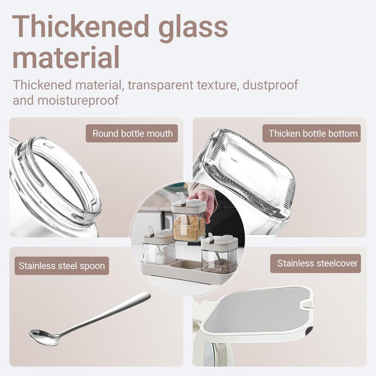 CLIPORE Glass Condiment Canisters for Salt, Sugar and Spices, Set of 3 Square Seasoning Jars with Lids and Spoons, Kitchen Storage Set, Send Goods from Local Warehouse