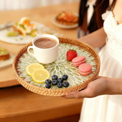 Round Rattan Tray with Mother of Pearl Inlay, Decorative Wicker Serving Tray with Wooden Base, Rattan Serving Tray for Coffee, Bread, Fruits - Kitchen Counter & Table Decor (Green Leaf)