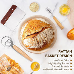 7-Piece 9 Inch Round Proofing Basket, Complete Sourdough Starter Kit with Linen Liner & Tools, Sourdough Bread Baking Supplies & Making Accessories Gift Set - Send Goods from Local Warehouse